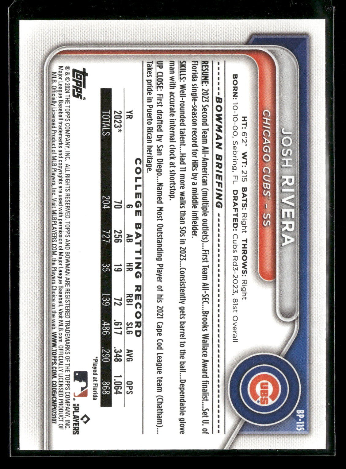 2024 Bowman Josh Rivera #BP-115 1st Bowman