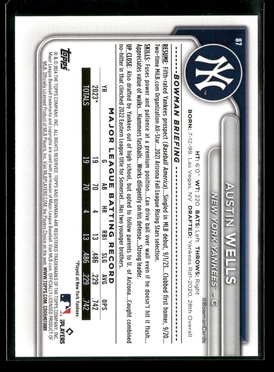 2024 Bowman Austin Wells #87 RC