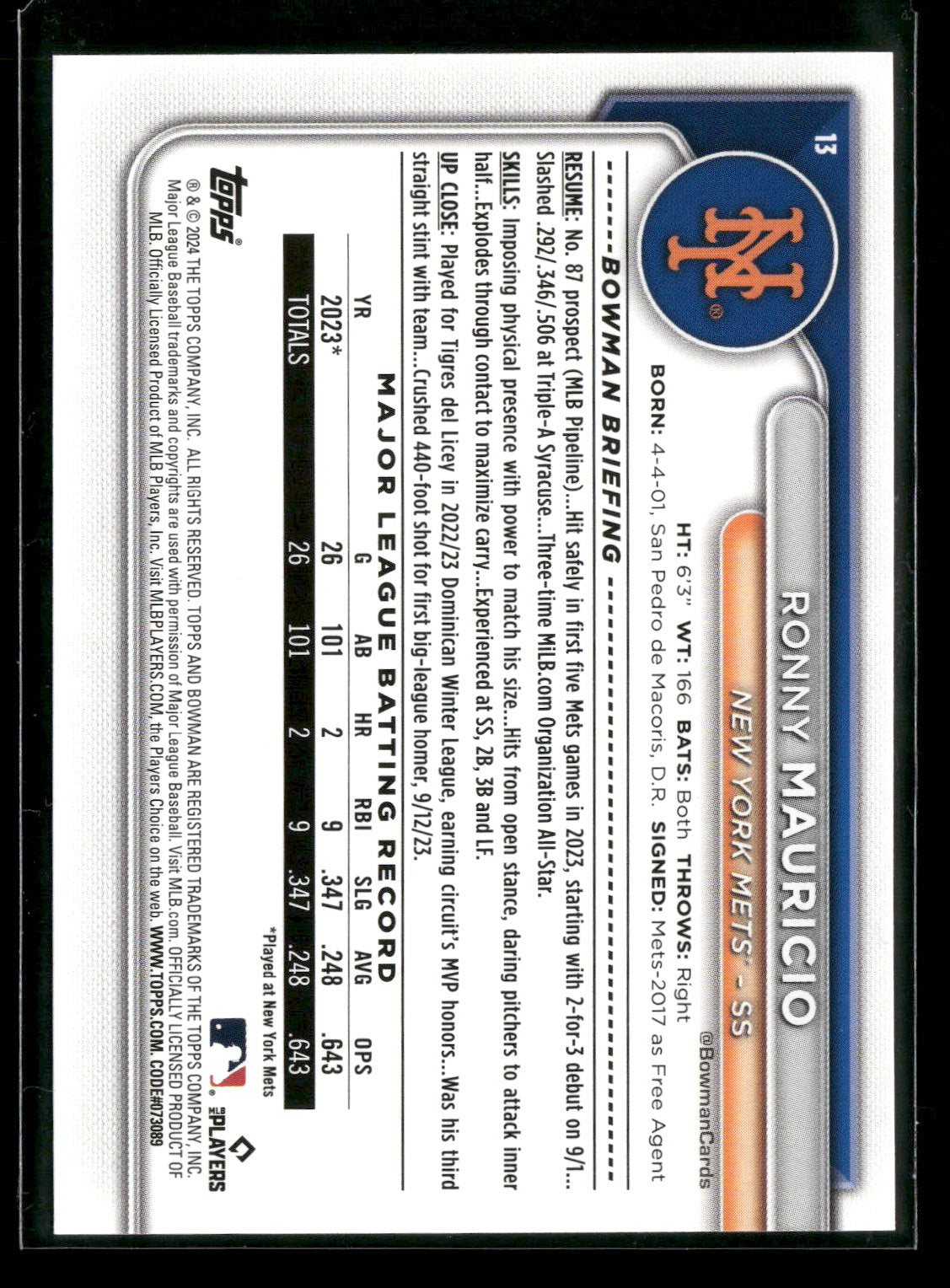 2024 Bowman Ronny Mauricio #13 RC