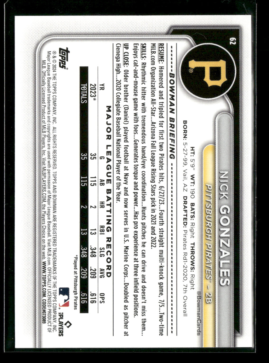 2024 Bowman Nick Gonzales #62 RC