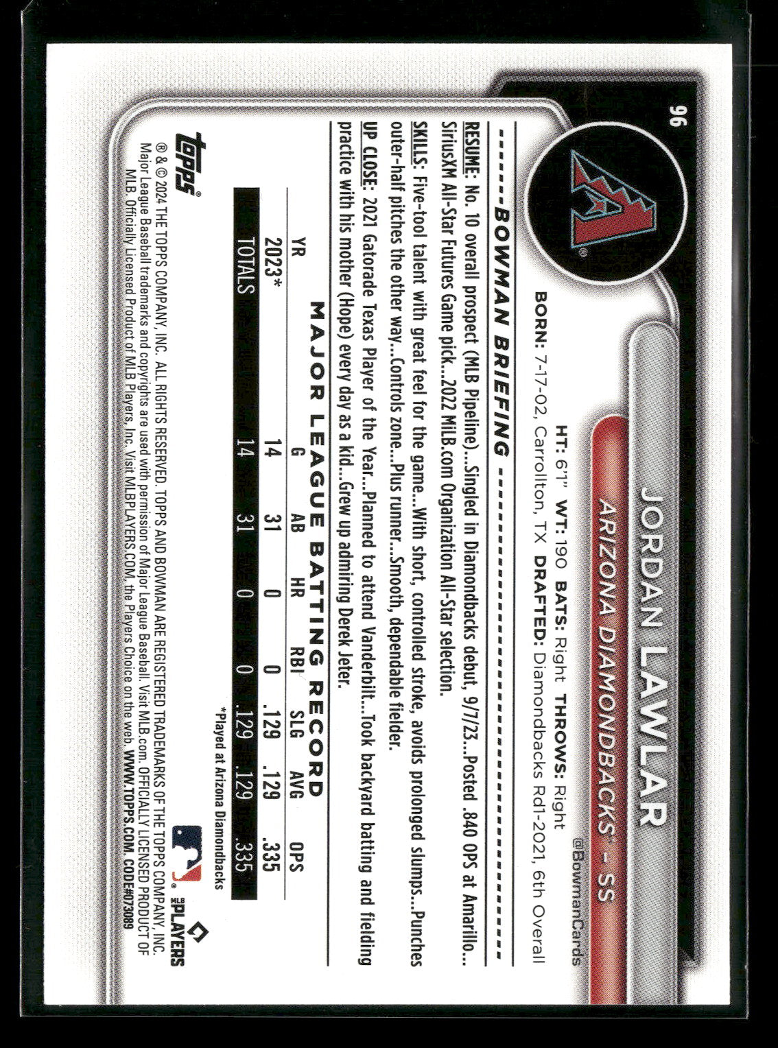 2024 Bowman Jordan Lawlar #96 RC