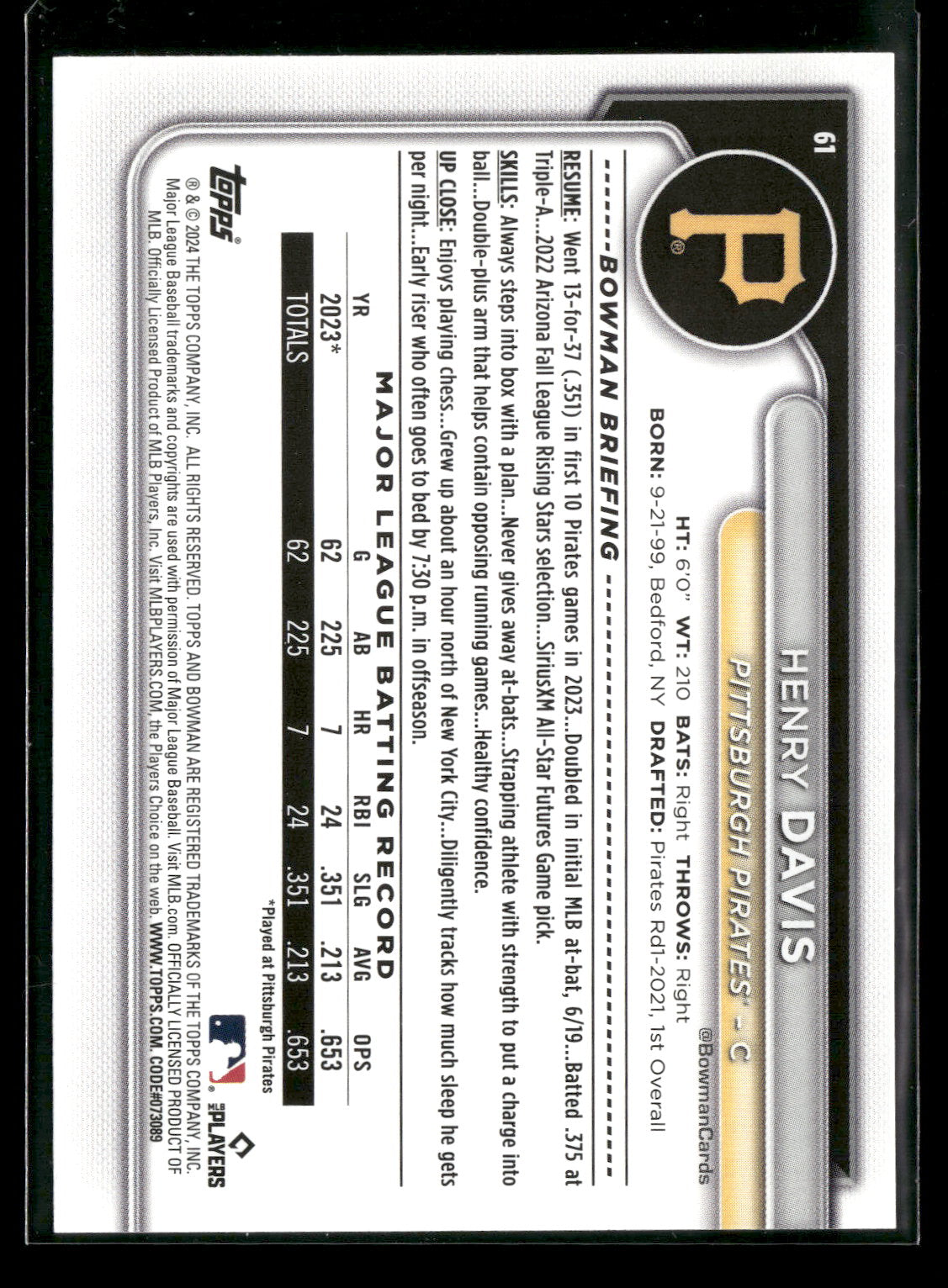 2024 Bowman Henry Davis #61 RC