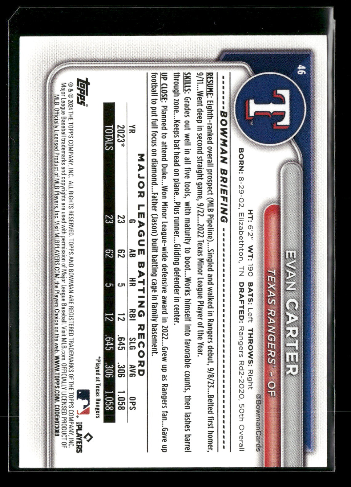 2024 Bowman Evan Carter #46 RC