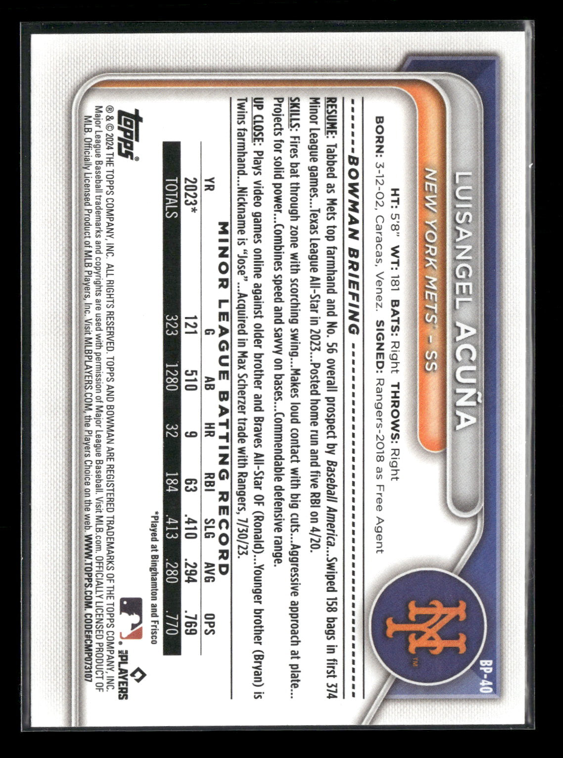 2024 Bowman Luisangel Acuña #BP-40