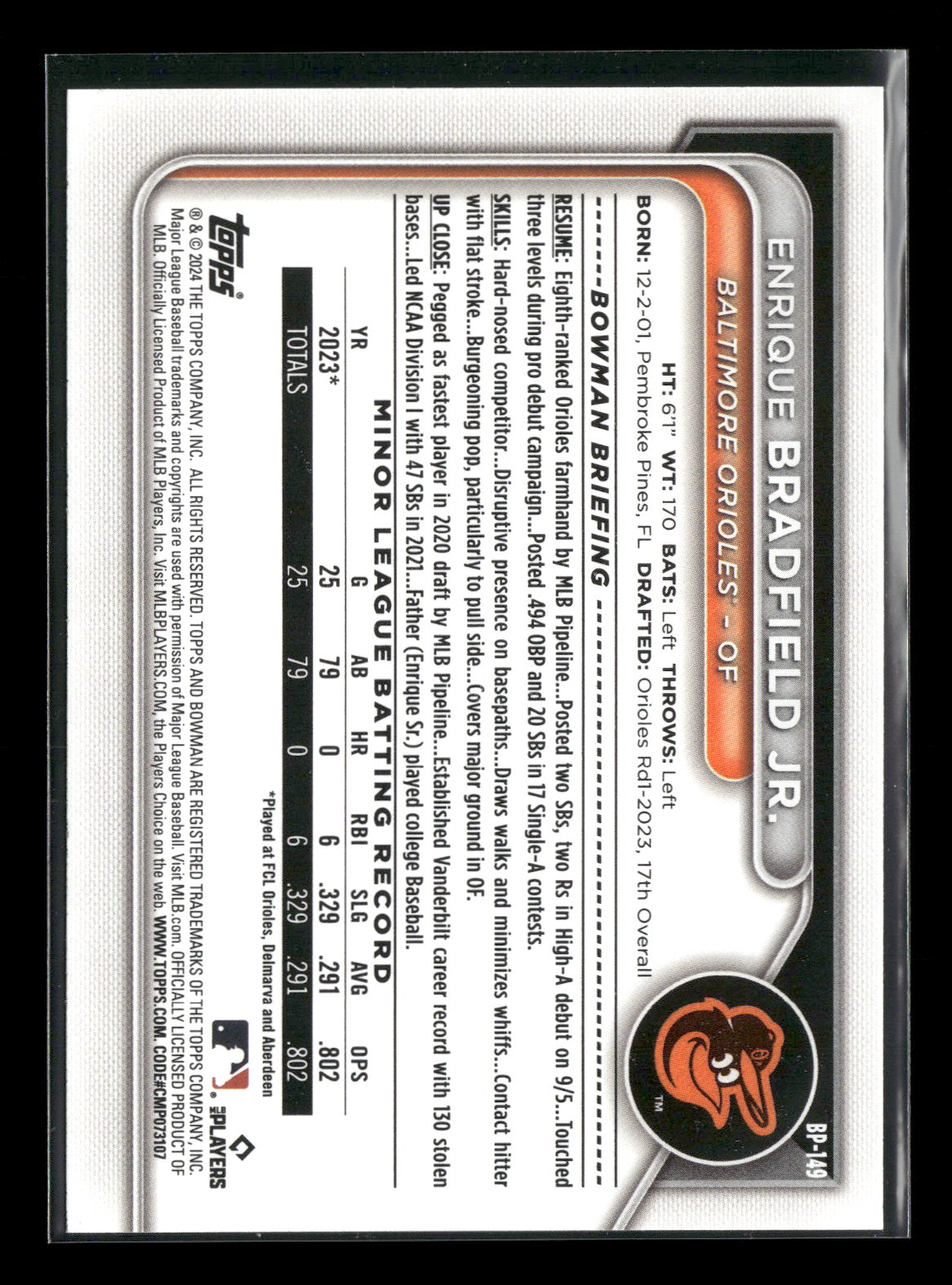 2024 Bowman Enrique Bradfield Jr. #BP-149