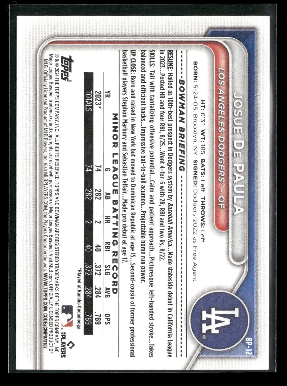 2024 Bowman Josue De Paula #BP-12