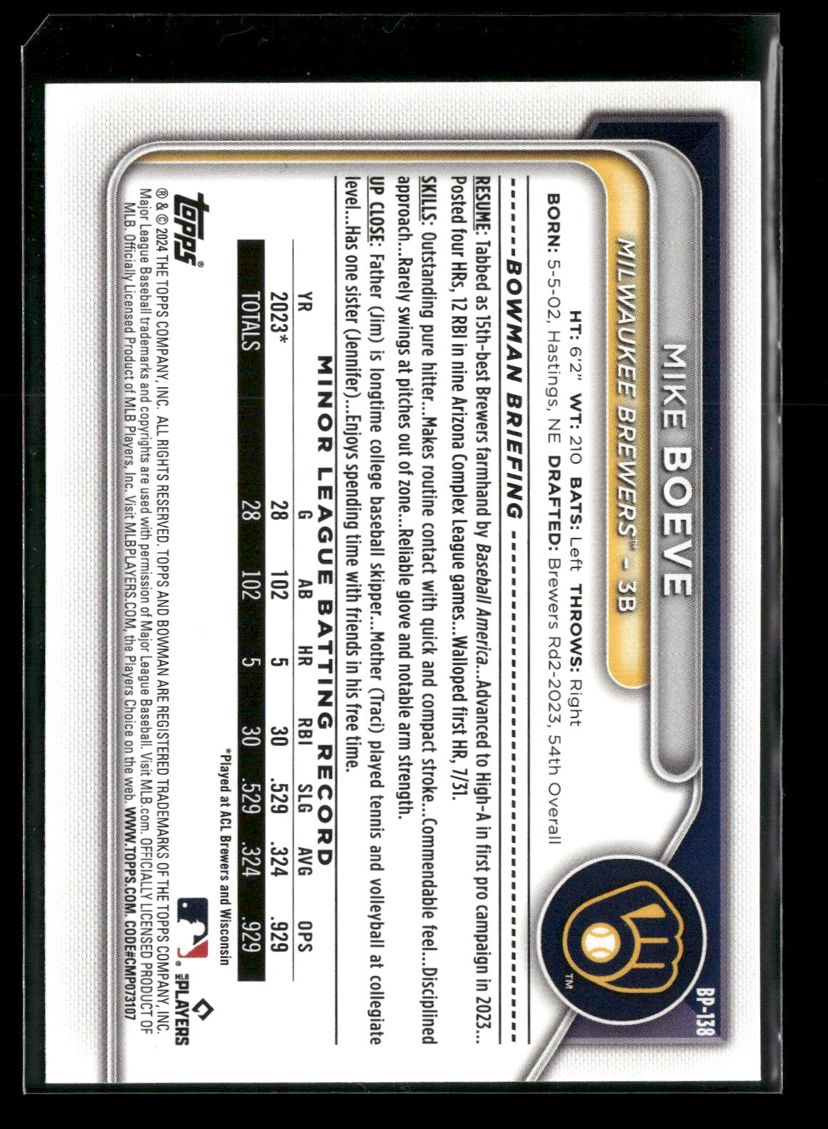 2024 Bowman Mike Boeve #BP-138