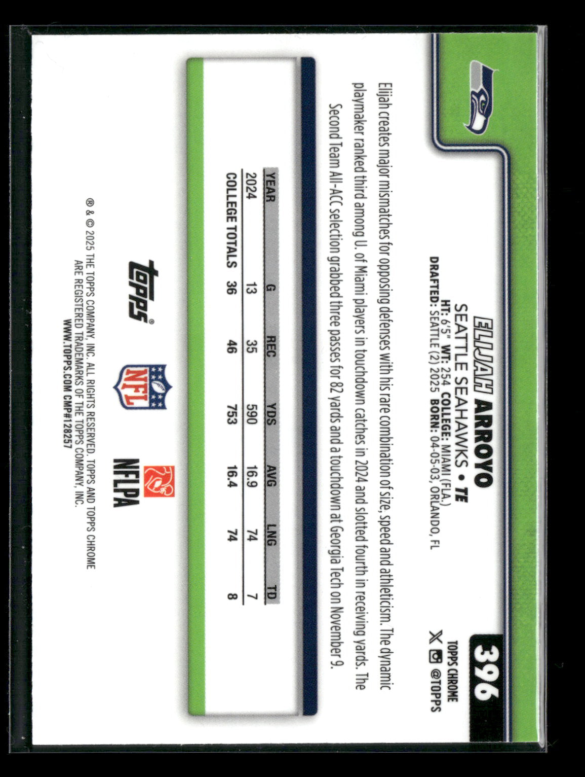 2025 Topps Chrome Football Elijah Arroyo #396 RC