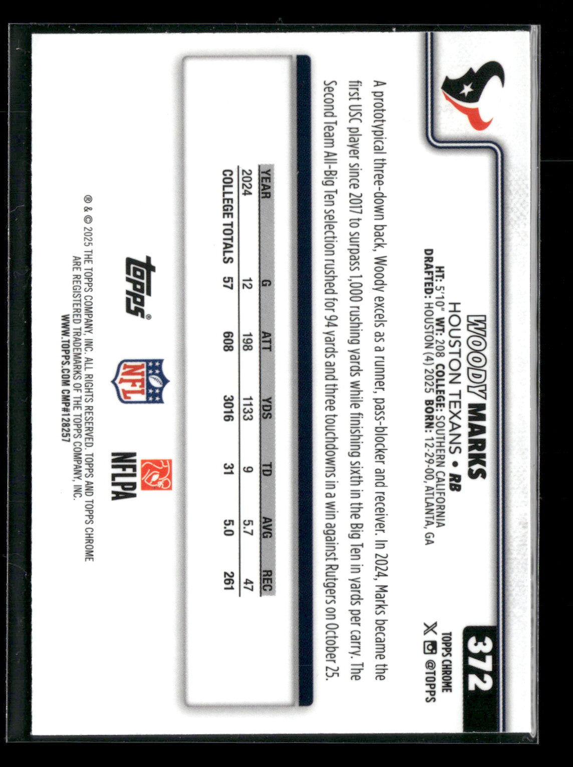 2025 Topps Chrome Football Woody Marks #372 RC