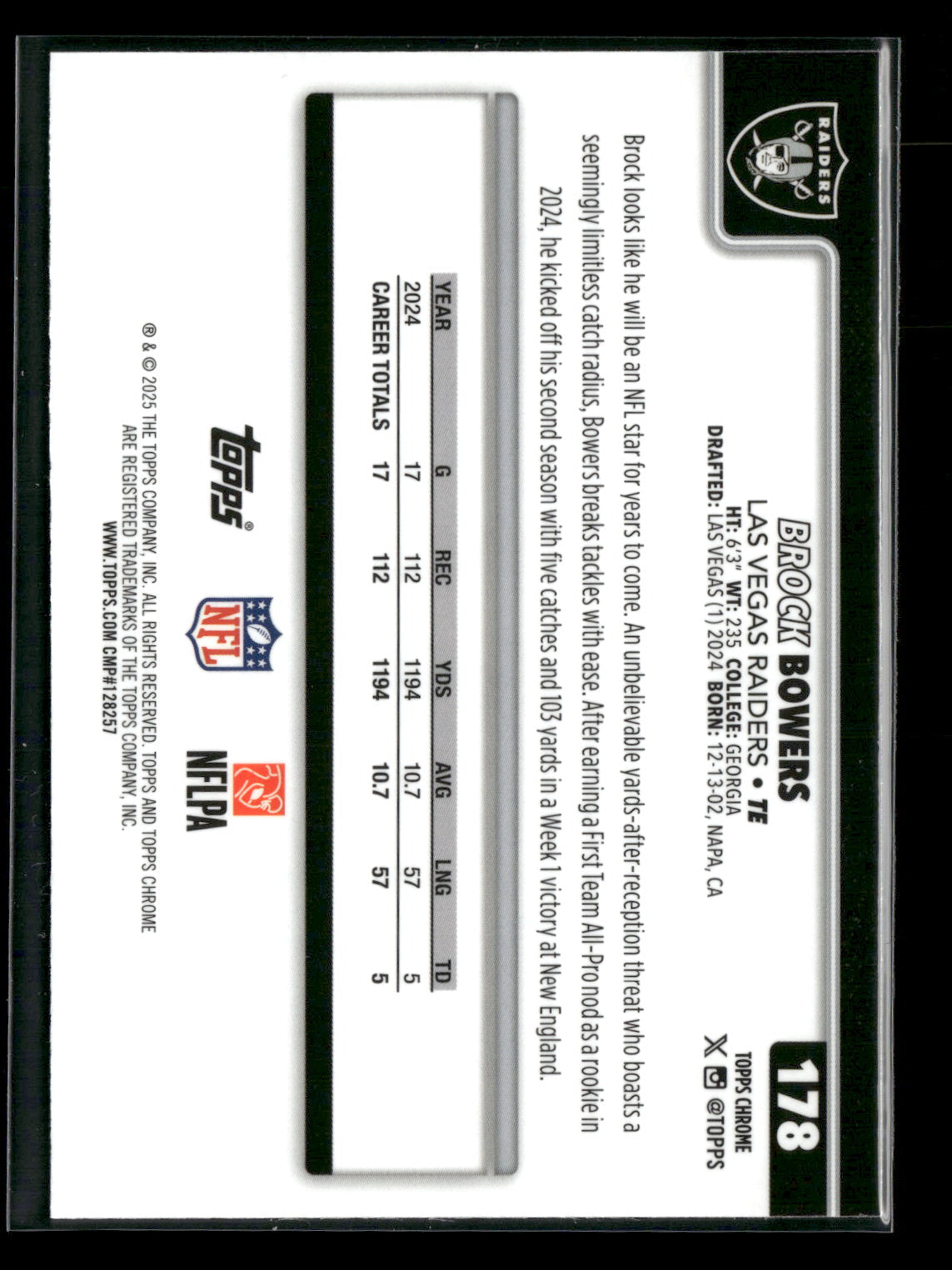 2025 Topps Chrome Football Brock Bowers #178