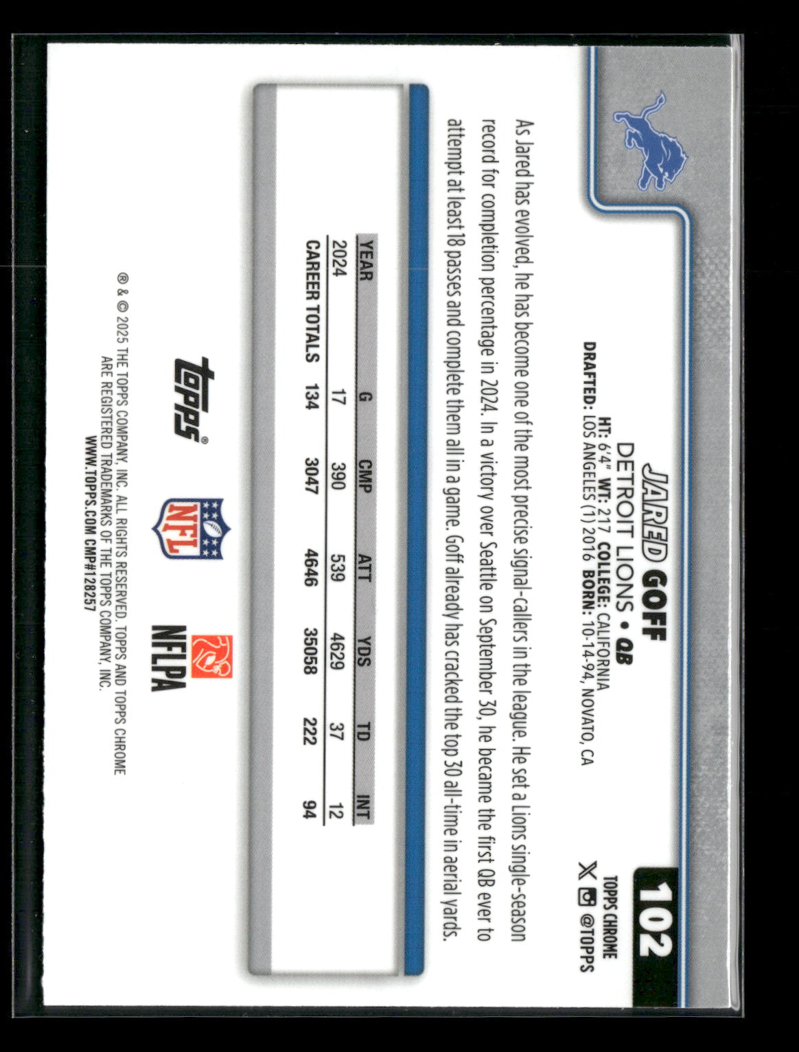 2025 Topps Chrome Football Jared Goff #102