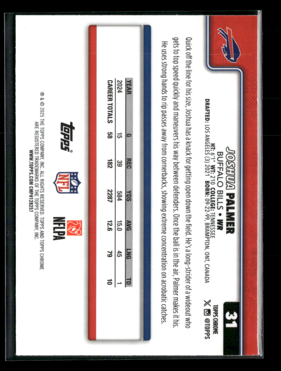 2025 Topps Chrome Football Joshua Palmer #31