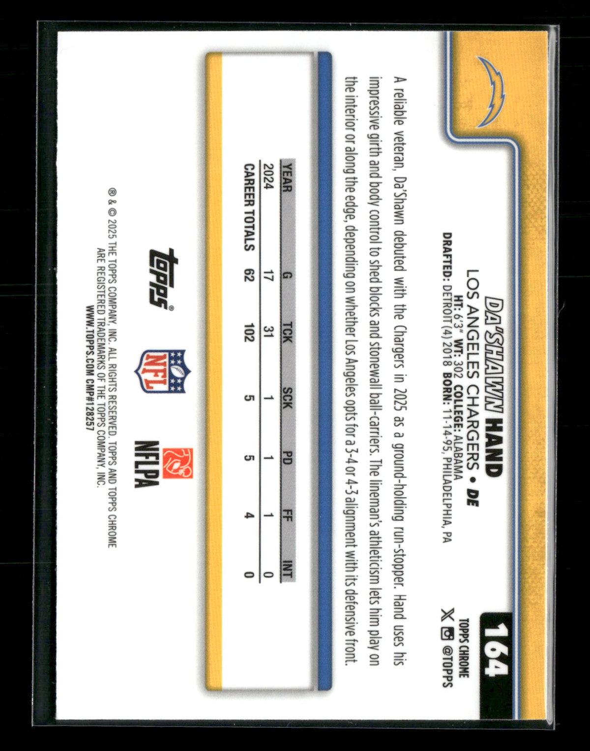 2025 Topps Chrome Football Da'Shawn Hand #164