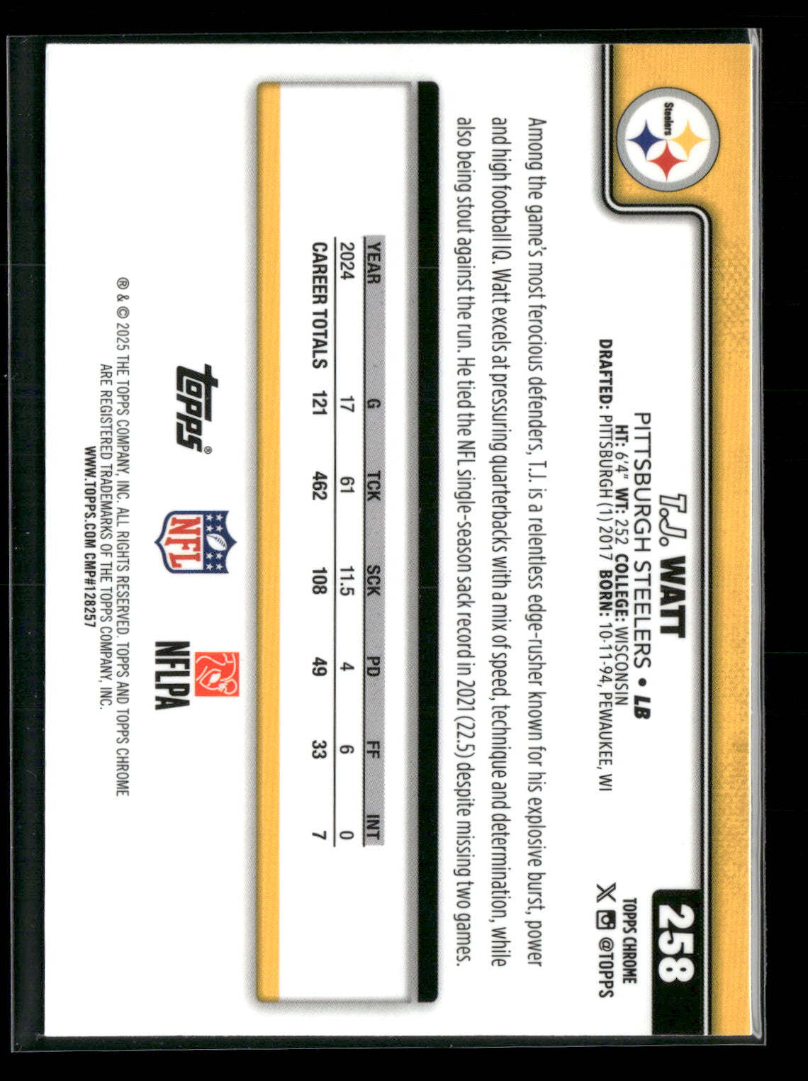 2025 Topps Chrome Football T.J. Watt #258