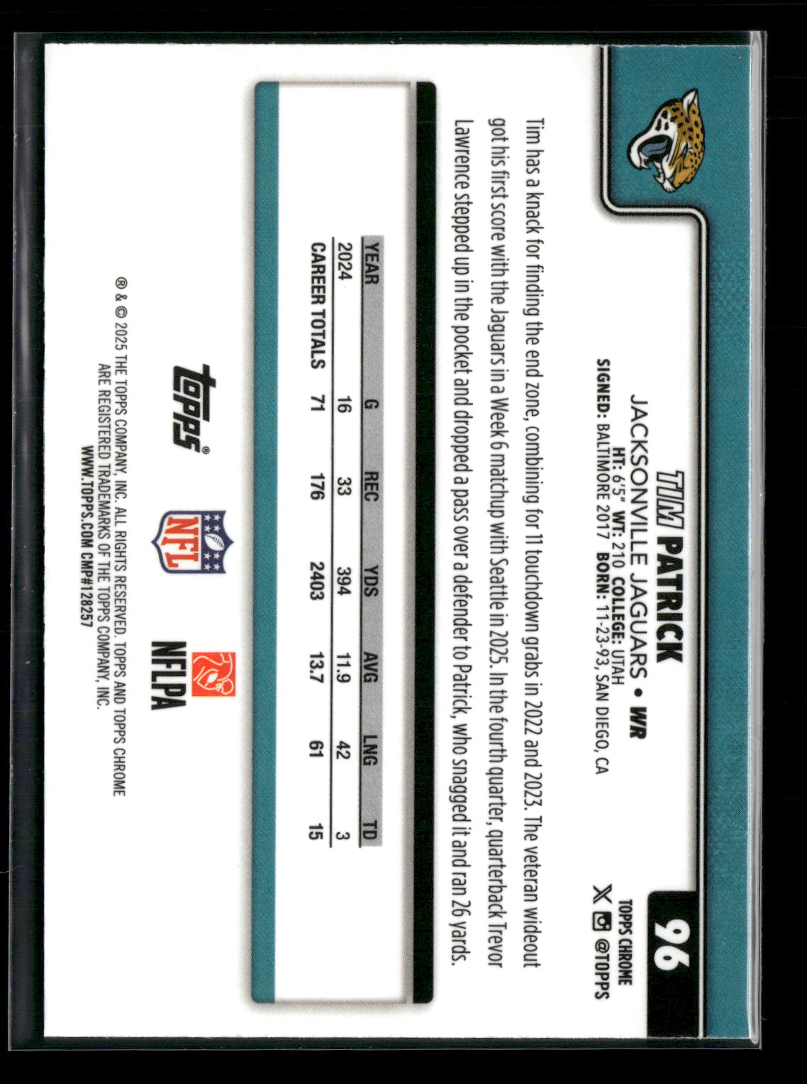 2025 Topps Chrome Football Tim Patrick #96