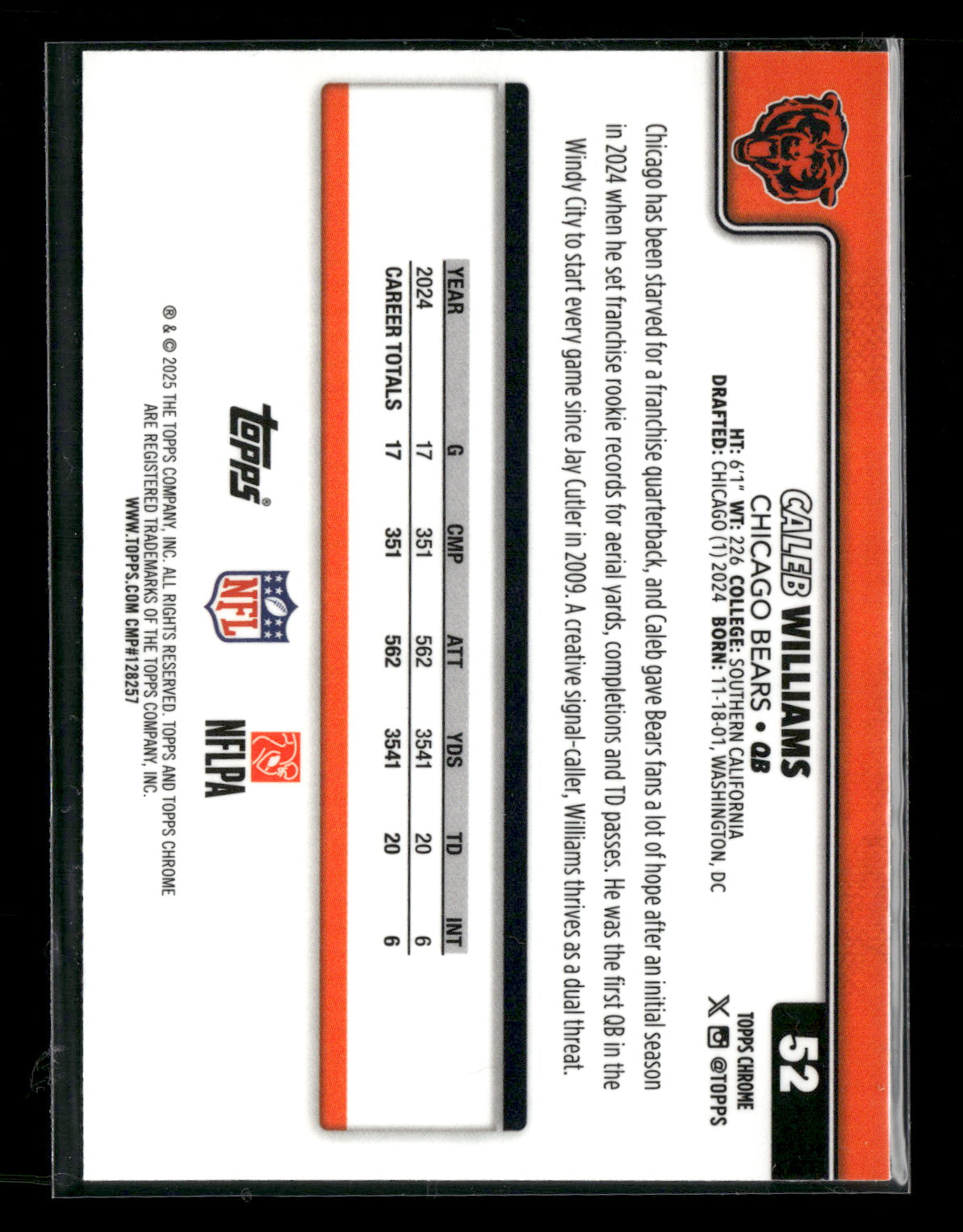 2025 Topps Chrome Football Caleb Williams #52