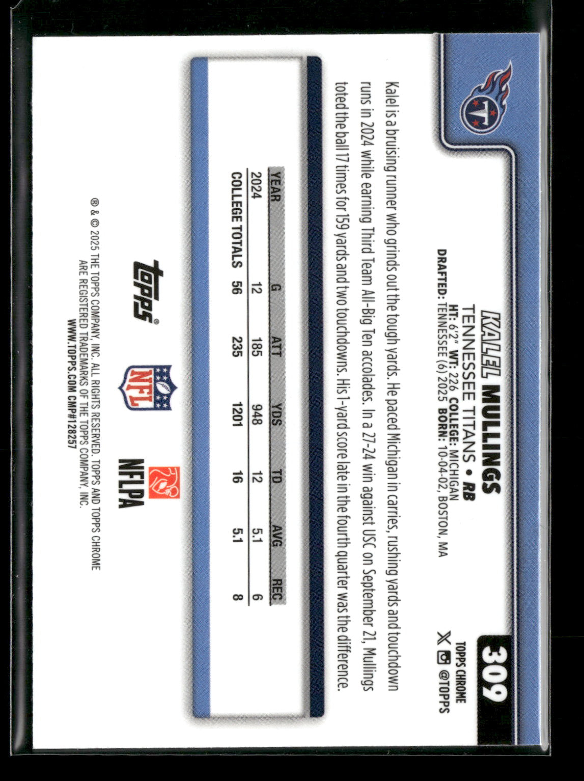 2025 Topps Chrome Football Kalel Mullings #309 Pulsar Parallel RC