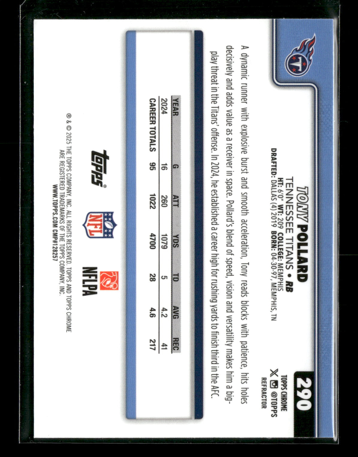 2025 Topps Chrome Football Tony Pollard #290 Refractor
