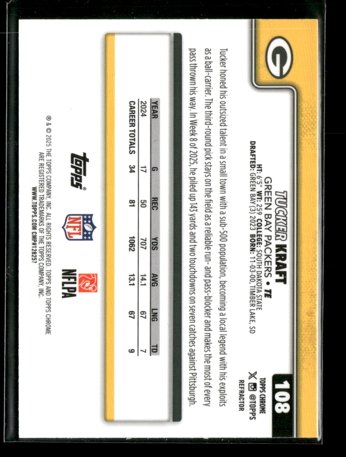 2025 Topps Chrome Football Tucker Kraft #108 Refractor