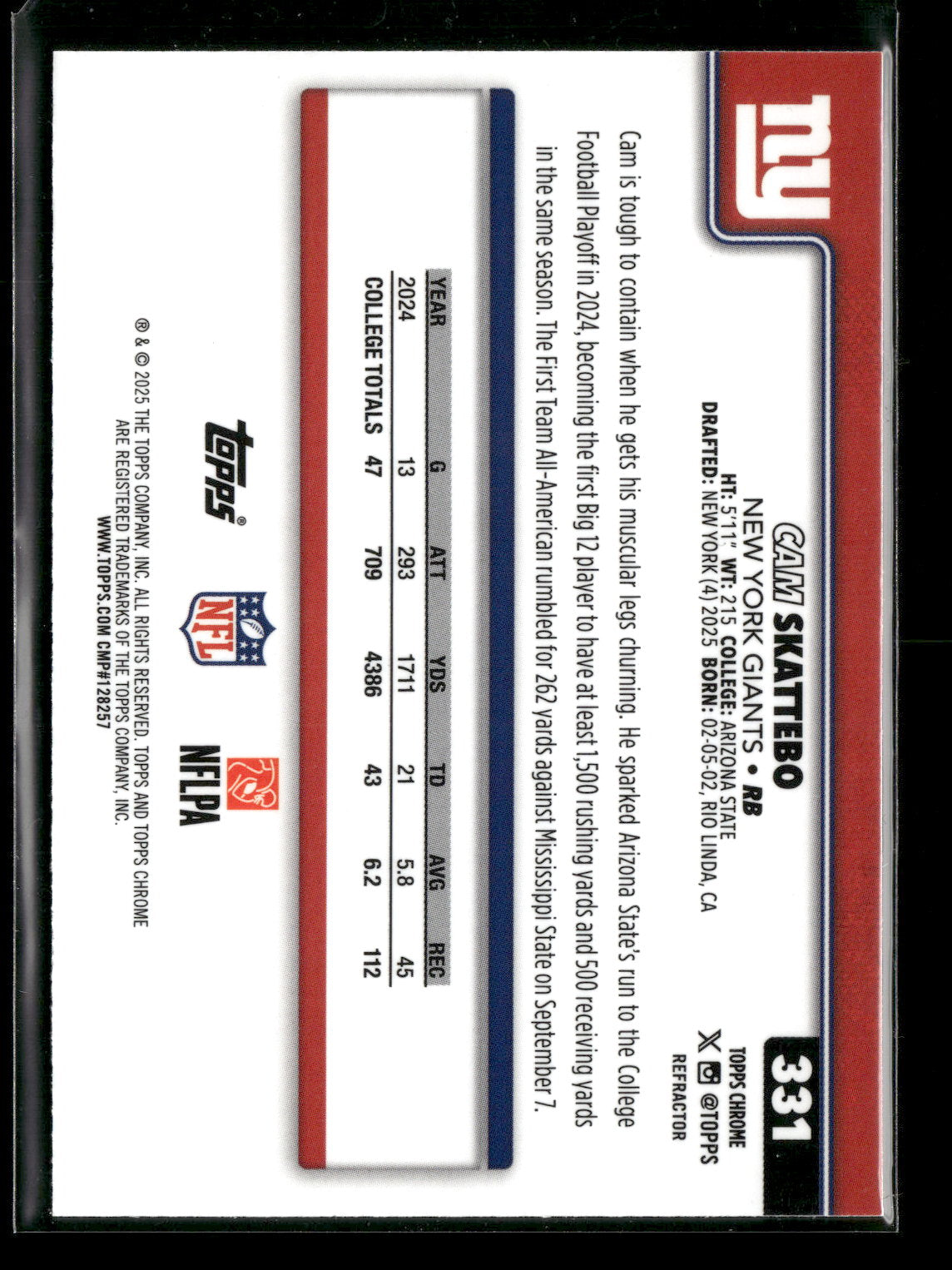 2025 Topps Chrome Football Cam Skattebo #331 Refractor RC