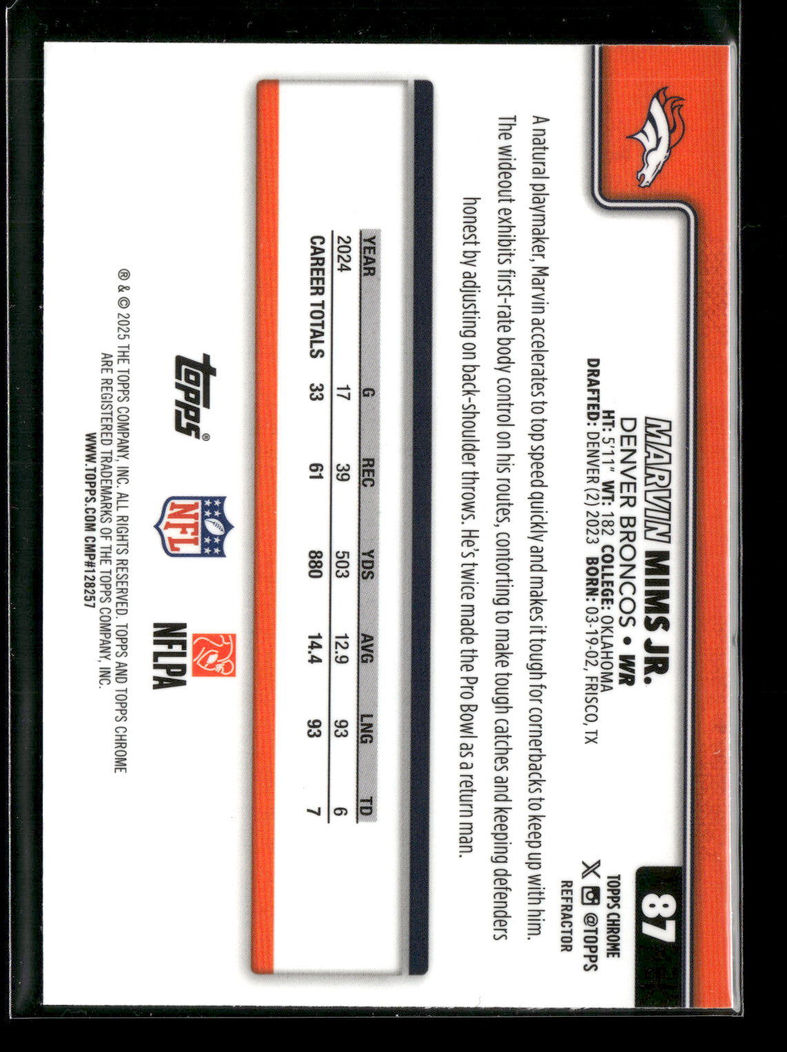 2025 Topps Chrome Football Marvin Mims Jr. #87 Refractor