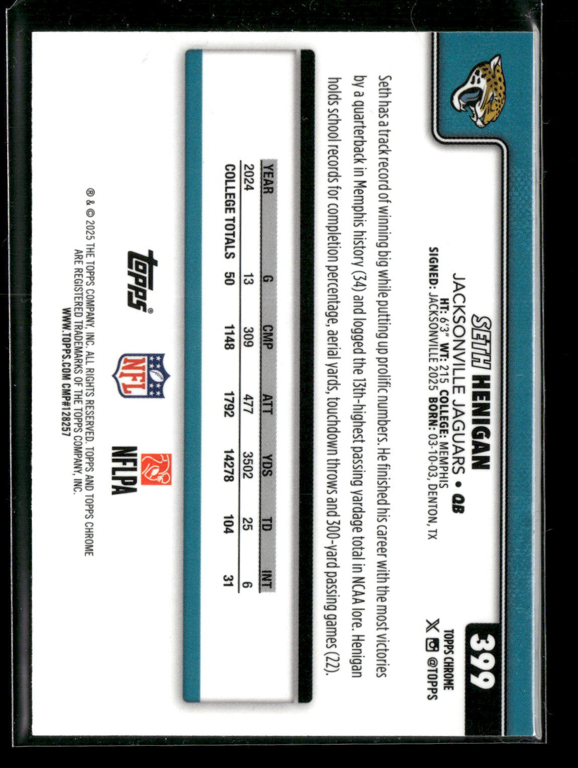 2025 Topps Chrome Football Seth Henigan #399 Aqua Wave Refractor /199 RC