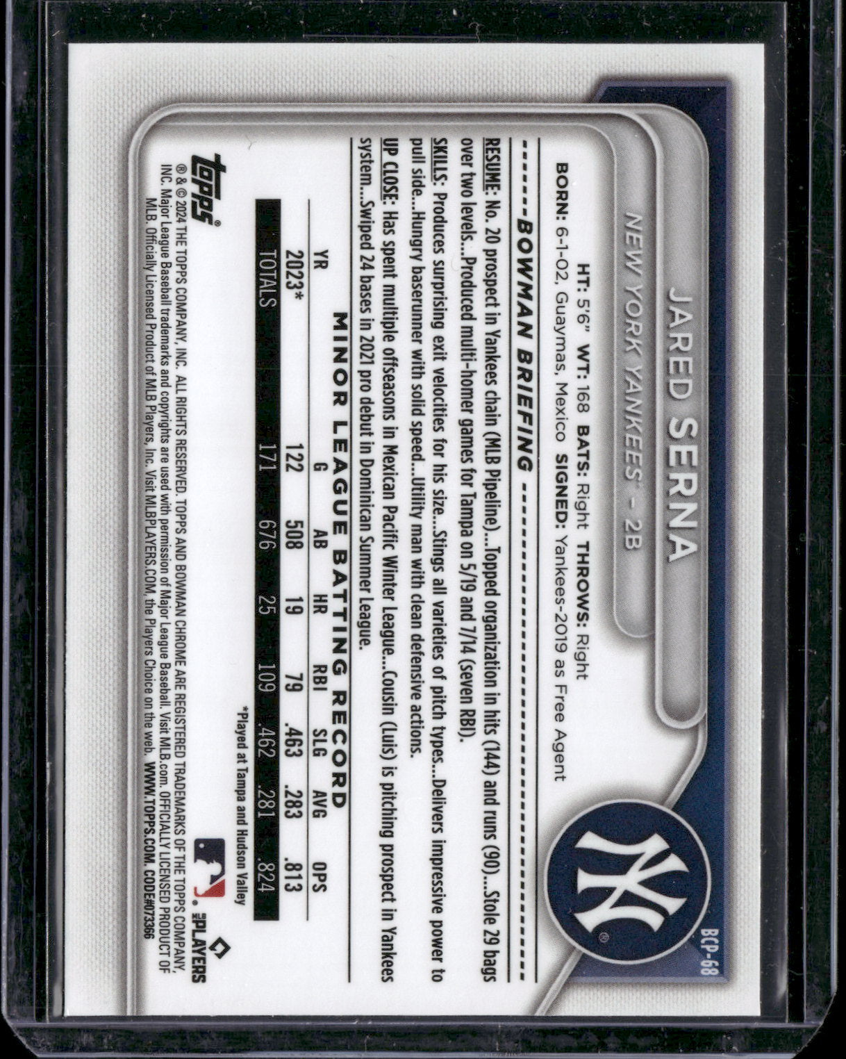 2024 Bowman Chrome Jared Serna #BCP-68 Mega Box Mojo Refractor 1st Bowman