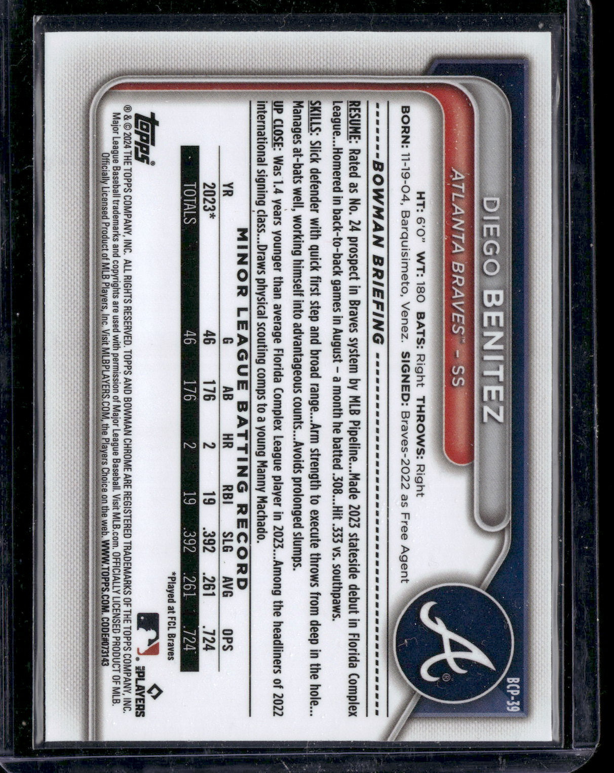 2024 Bowman Chrome Diego Benitez #BCP-39 1st Bowman
