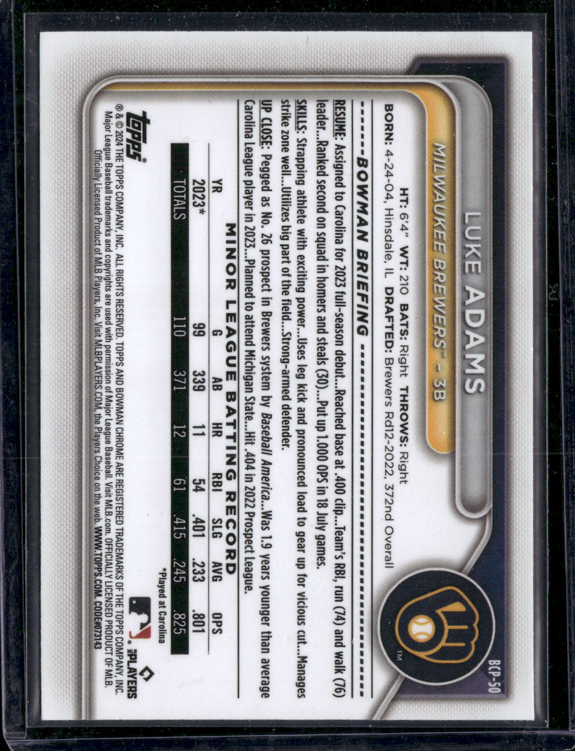 2024 Bowman Chrome Luke Adams #BCP-50 1st Bowman