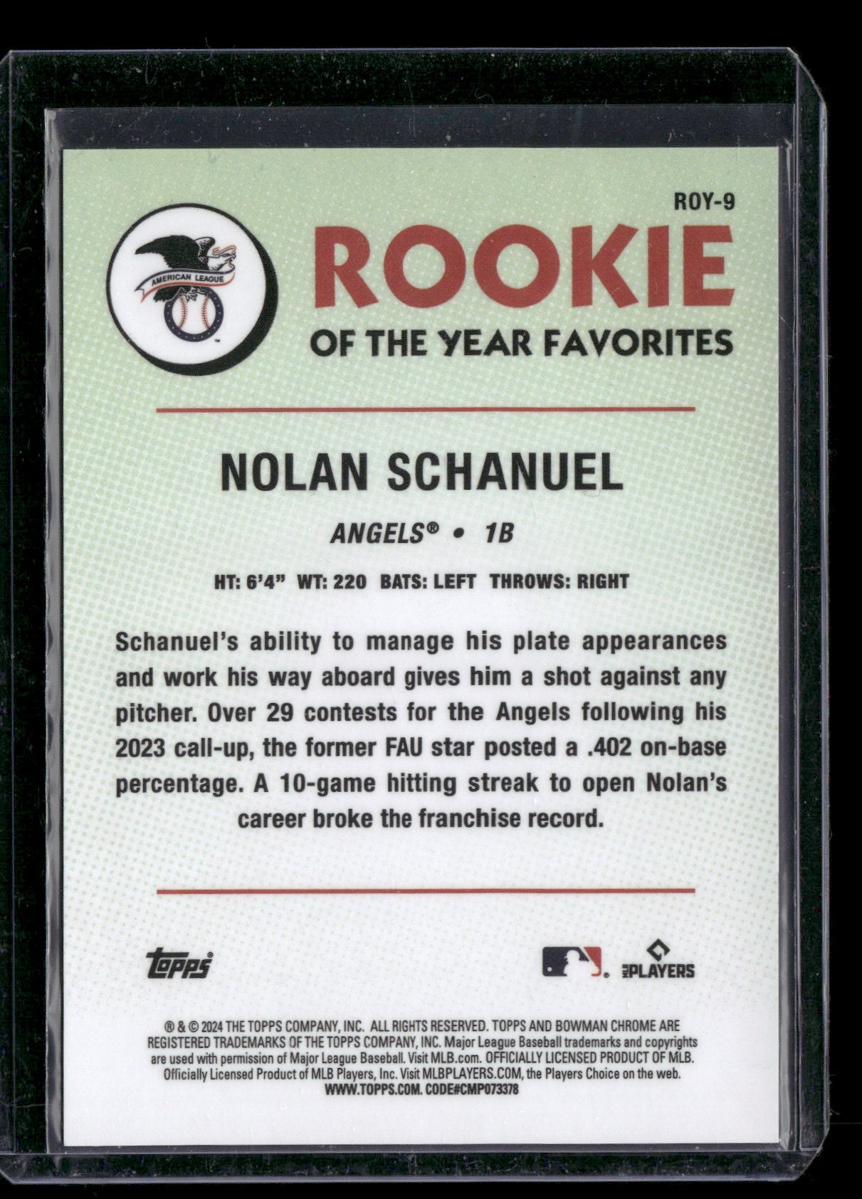 2024 Bowman Chrome Nolan Schanuel #ROY-9 Mega Box Mojo Purple Refractor /250 Rookie of the Year Favorites RC