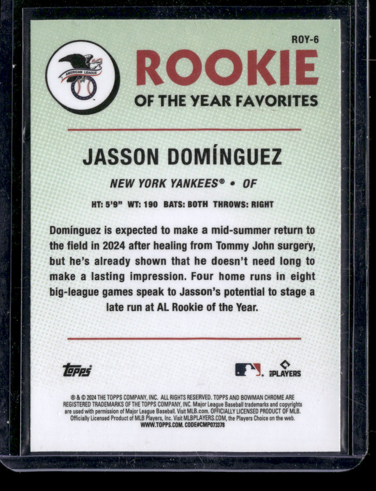 2024 Bowman Chrome Jasson Domínguez #ROY-6 Mega Box Mojo Refractor Rookie of the Year Favorites RC