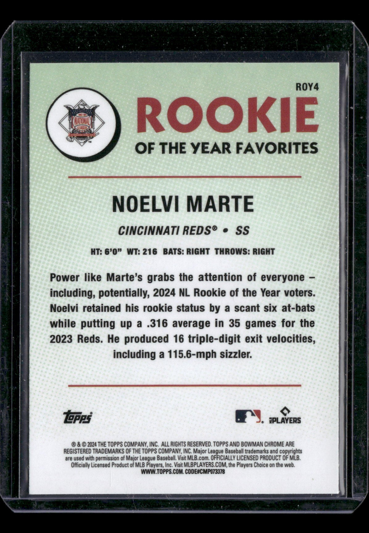 2024 Bowman Chrome Noelvi Marte #ROY4 Mega Box Mojo Refractor Rookie of the Year Favorites RC