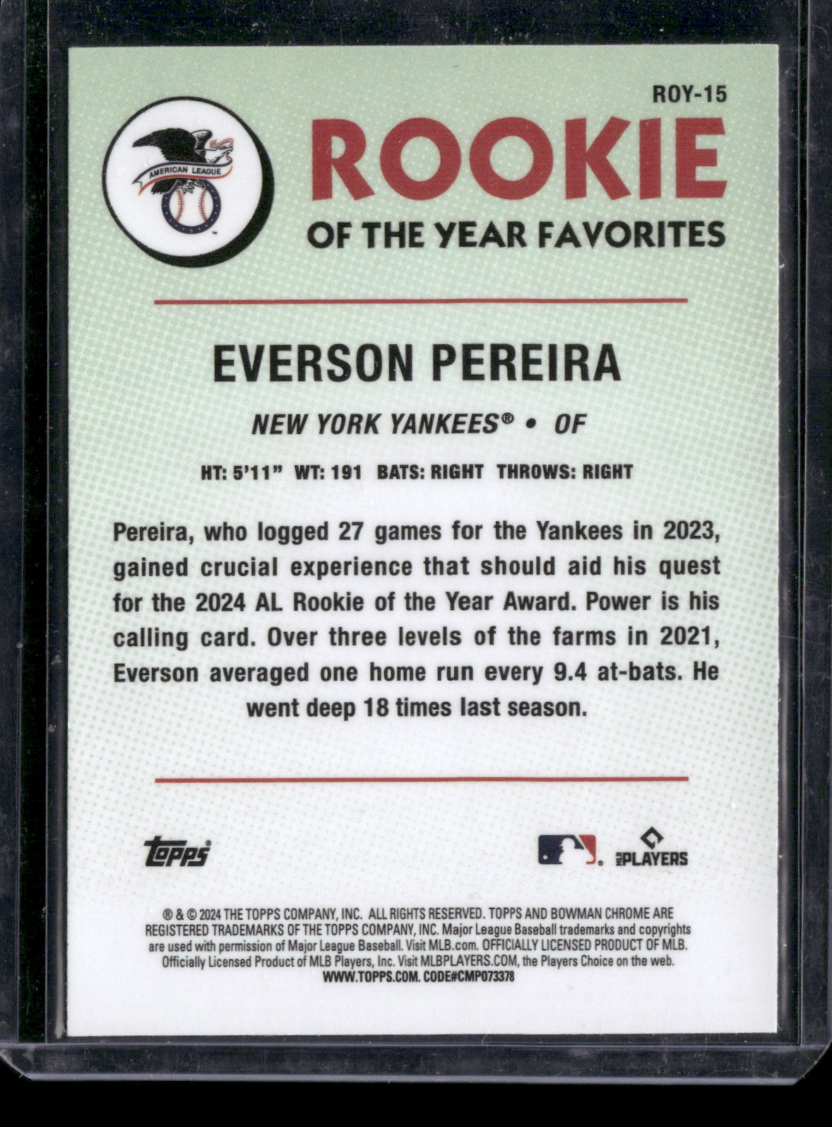 2024 Bowman Chrome Everson Pereira #ROY-15 Mega Box Mojo Refractor Rookie of the Year Favorites RC
