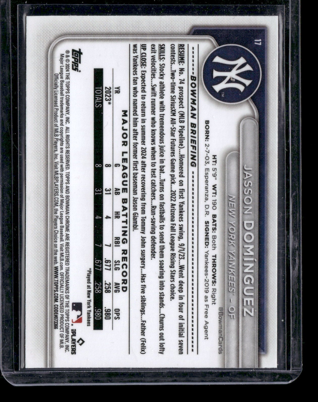 2024 Bowman Chrome Jasson Domínguez #17 Mega Box Mojo Refractor RC