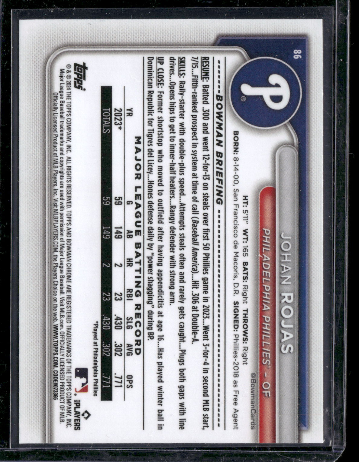 2024 Bowman Chrome Johan Rojas #86 Mega Box Mojo Refractor RC