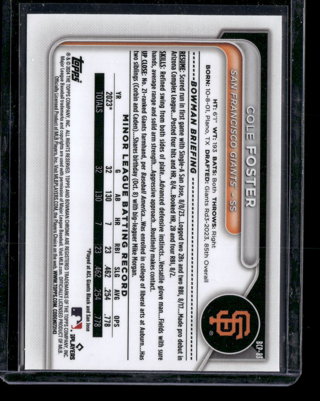 2024 Bowman Chrome Cole Foster #BCP-83