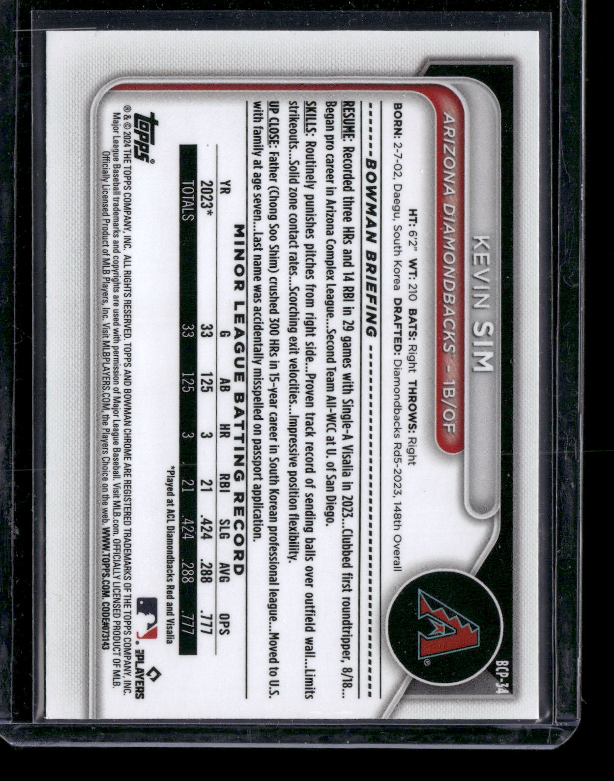 2024 Bowman Chrome Kevin Sim #BCP-34
