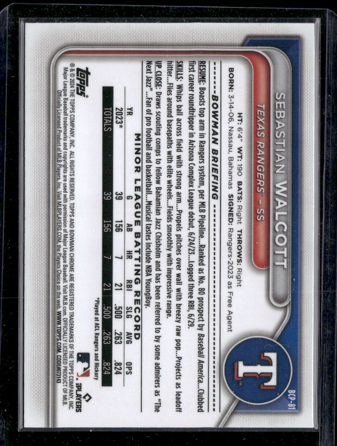 2024 Bowman Chrome Sebastian Walcott #BCP-81