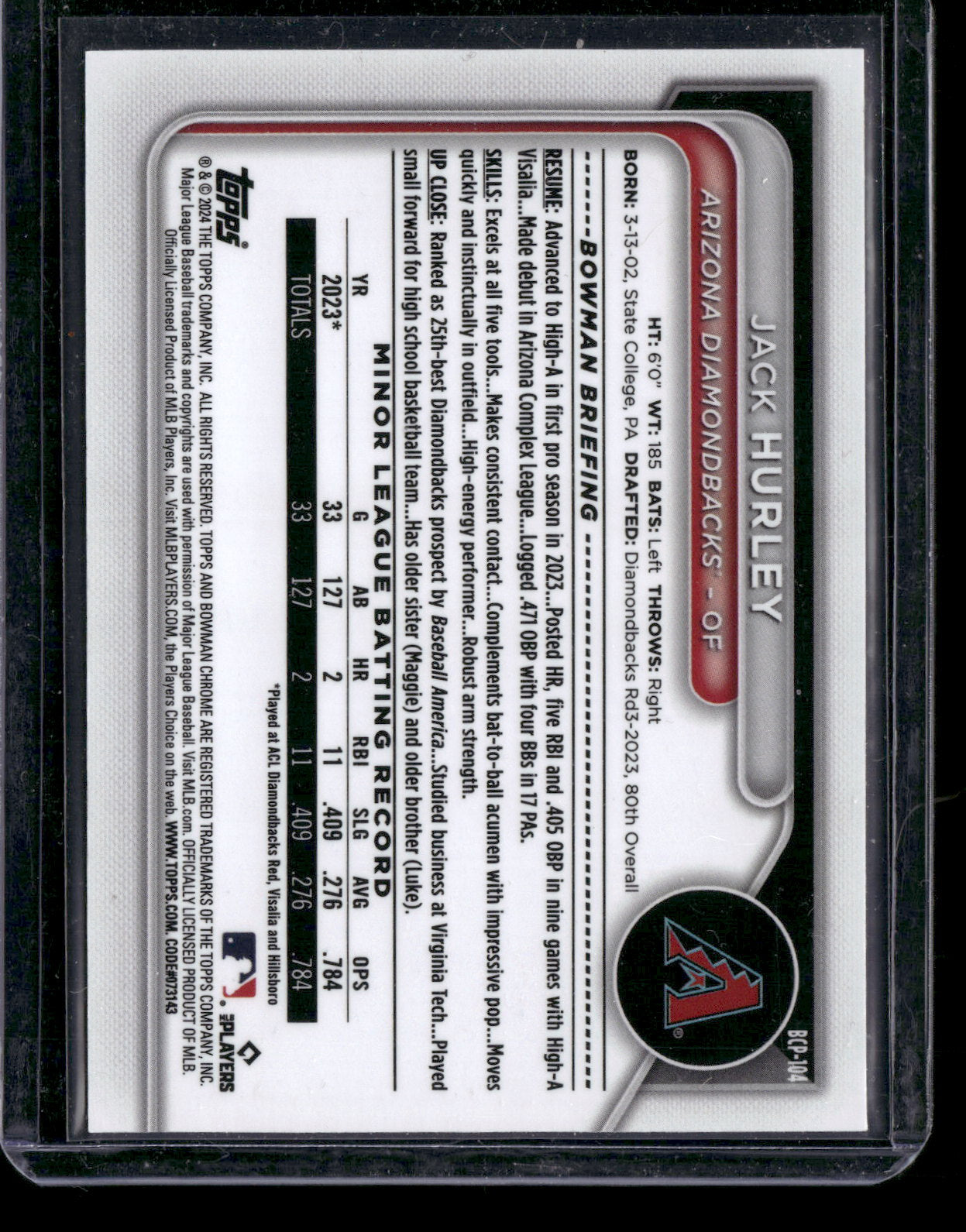 2024 Bowman Chrome Jack Hurley #BCP-104