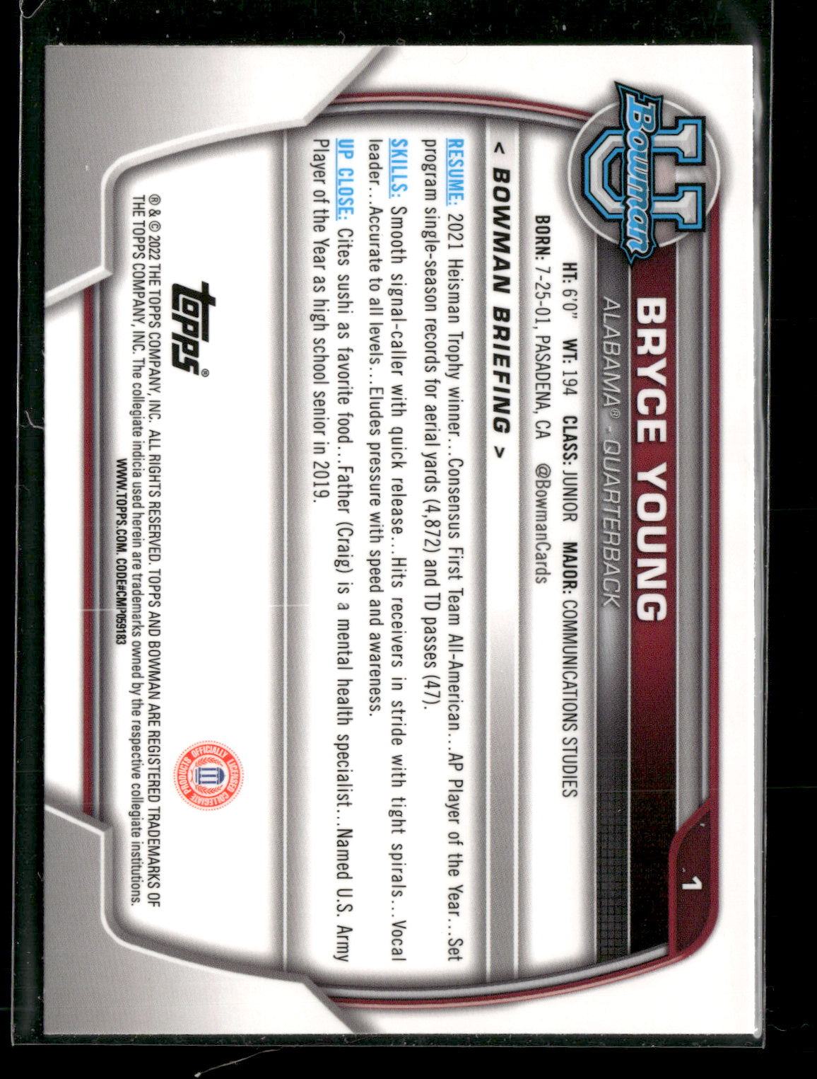 2022 Bowman Chrome University Football Bryce Young #1 Pink Refractor