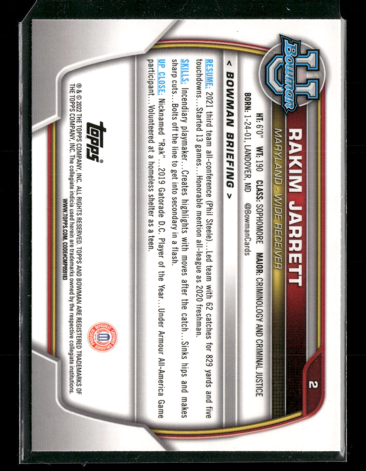 2022 Bowman Chrome University Football Rakim Jarrett #2 Pink Refractor
