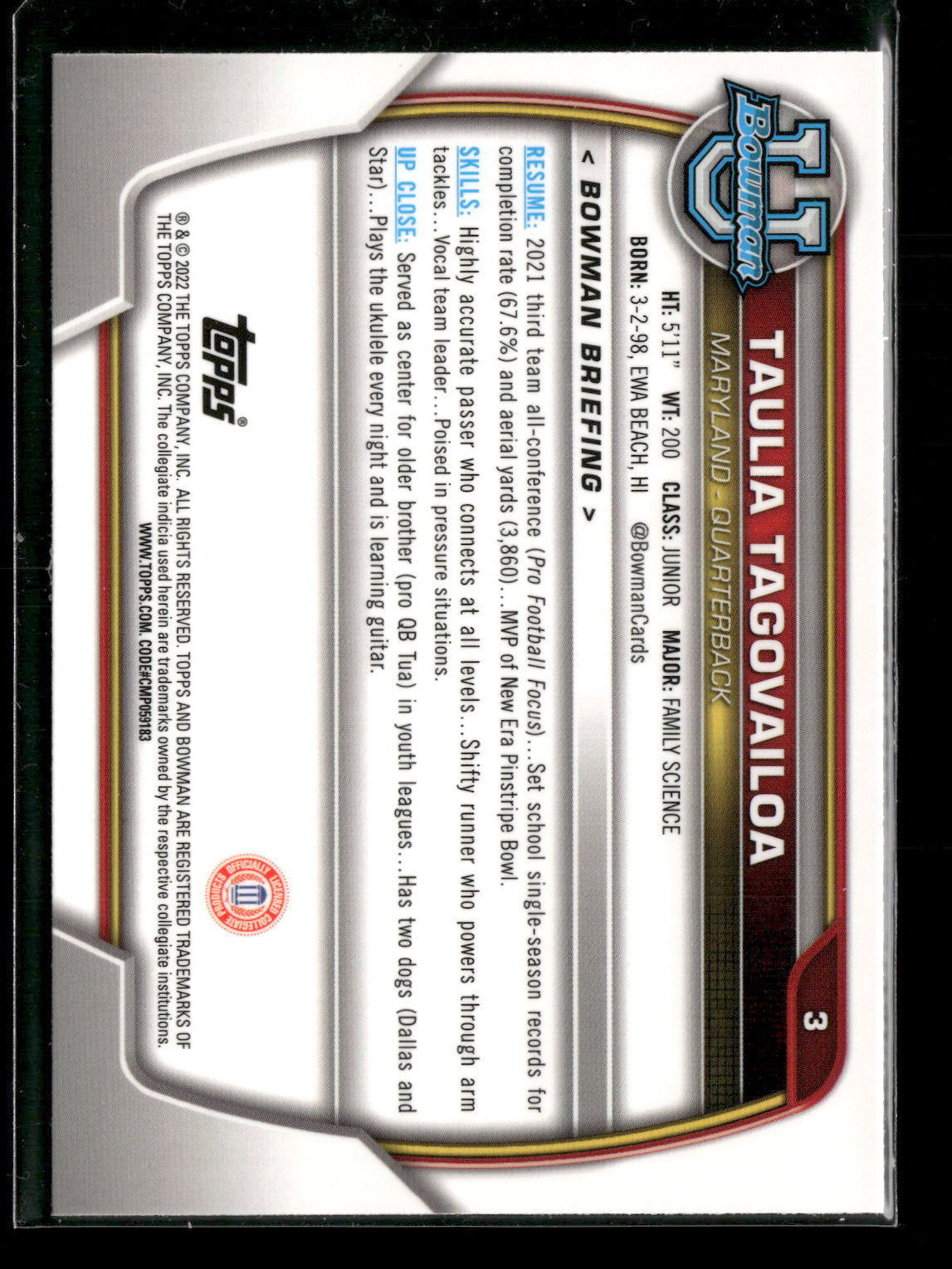 2022 Bowman Chrome University Football Taulia Tagovailoa #3 Pink Refractor