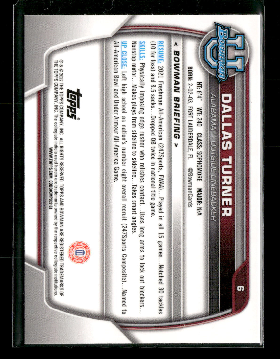 2022 Bowman Chrome University Football Dallas Turner #6 Pink Refractor 1st Bowman