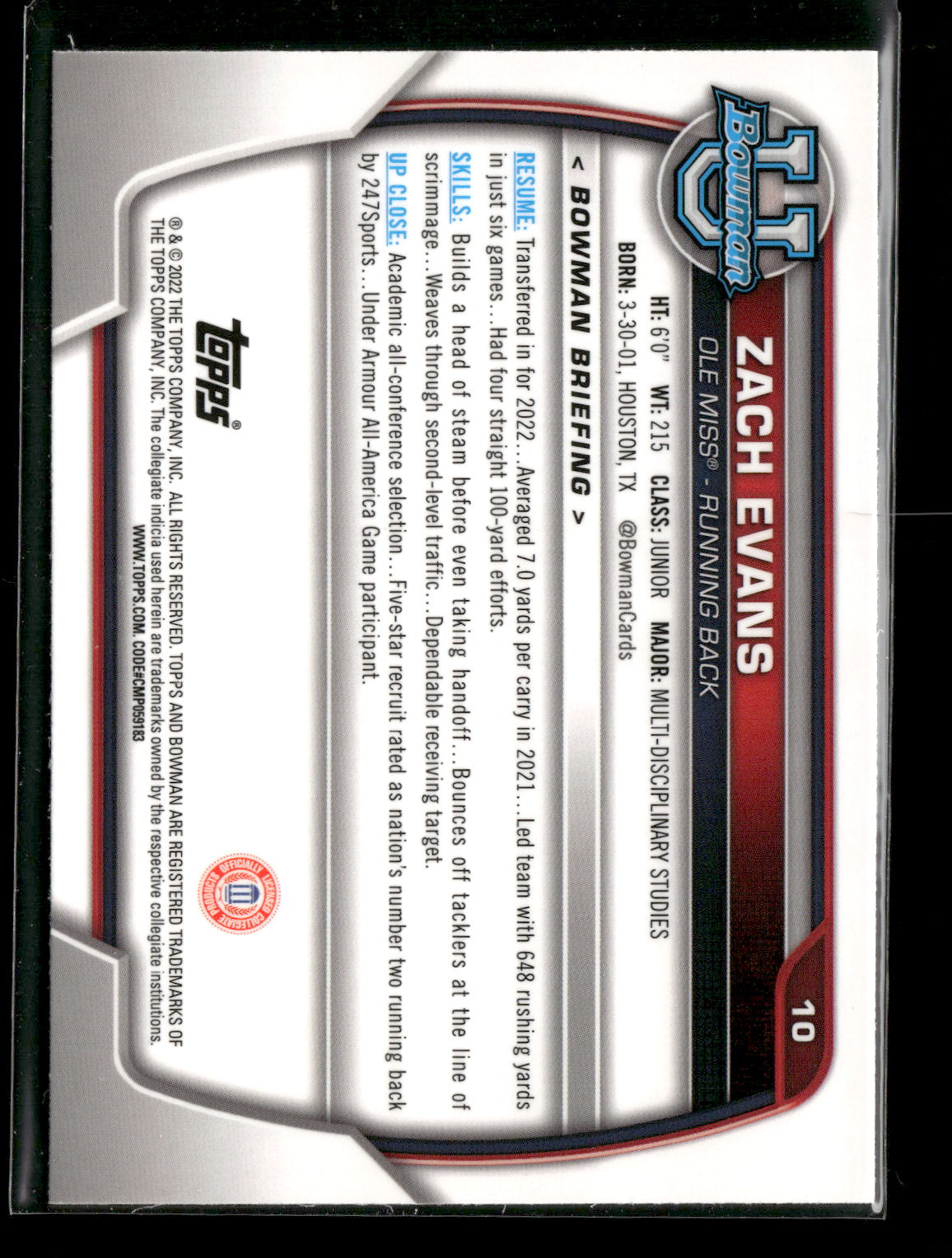 2022 Bowman Chrome University Football Zach Evans #10 Pink Refractor