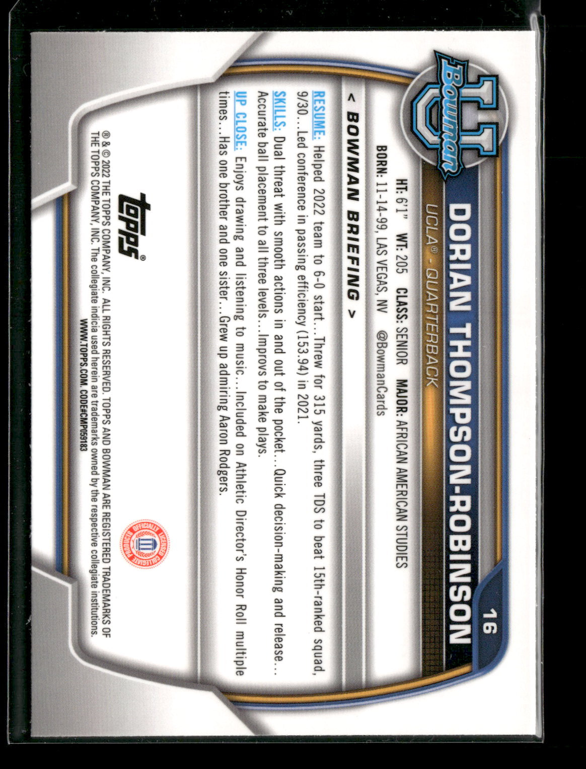 2022 Bowman Chrome University Football Dorian Thompson-Robinson #16 Pink Refractor 1st Bowman
