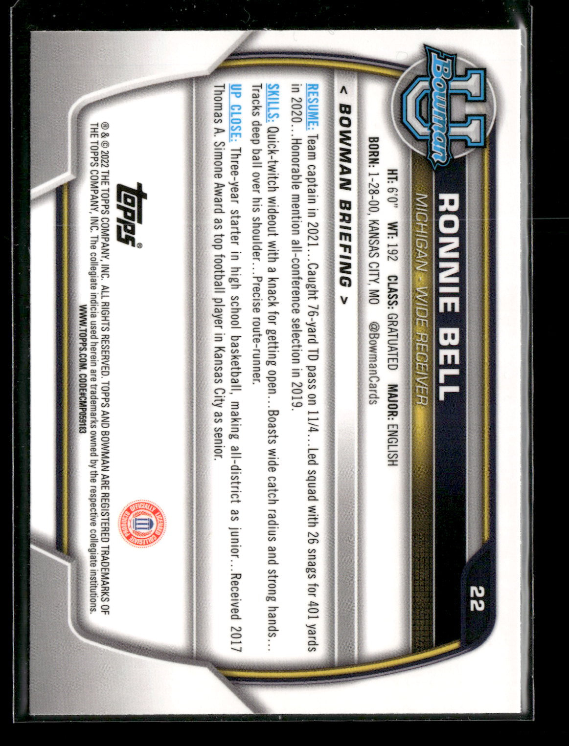 2022 Bowman Chrome University Football Ronnie Bell #22 Pink Refractor 1st Bowman