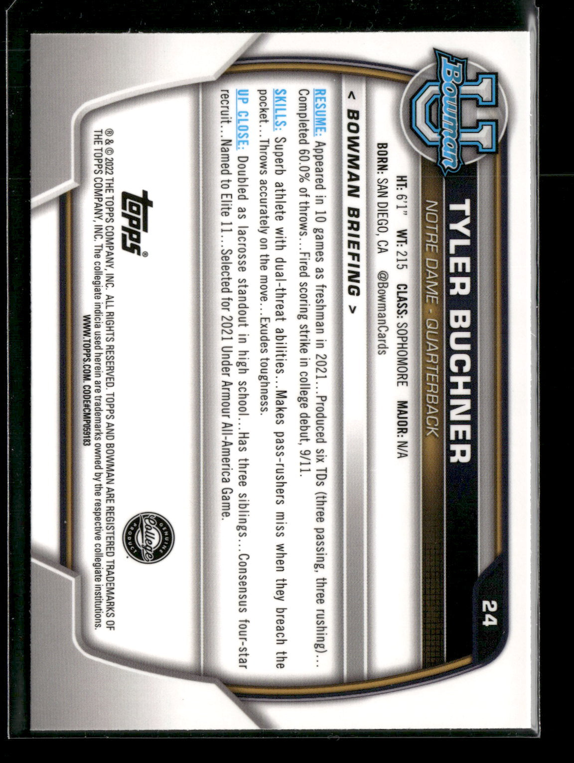 2022 Bowman Chrome University Football Tyler Buchner #24 Pink Refractor 1st Bowman