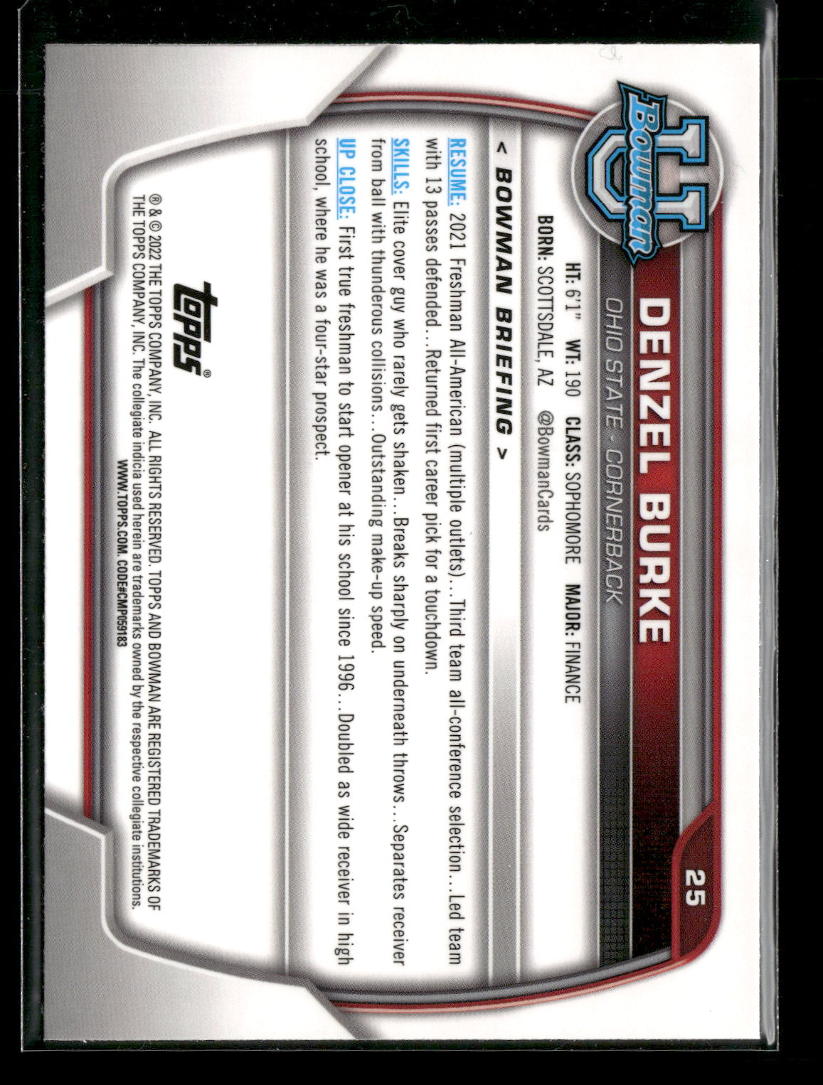 2022 Bowman Chrome University Football Denzel Burke #25 Pink Refractor 1st Bowman