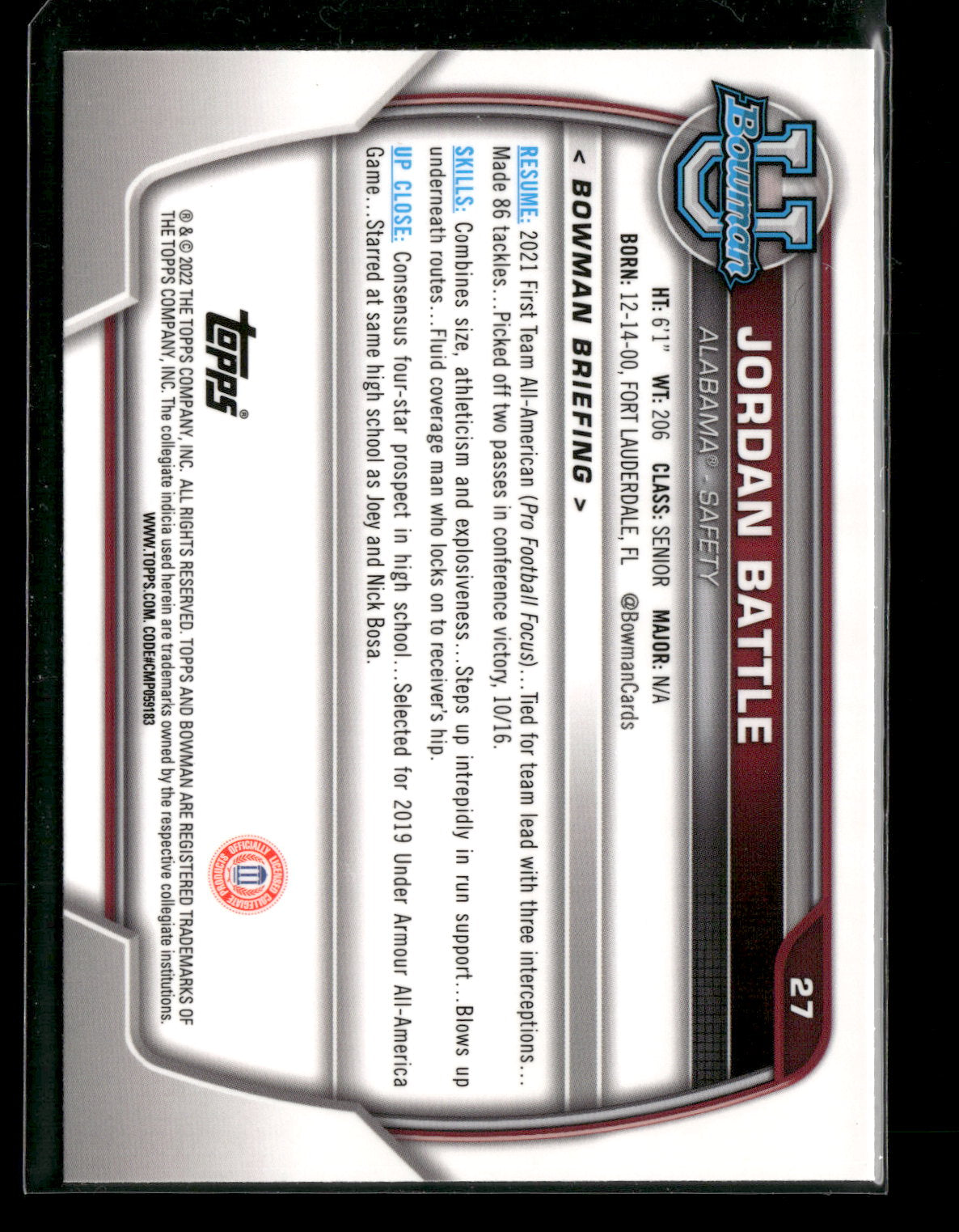 2022 Bowman Chrome University Football Jordan Battle #27 Pink Refractor