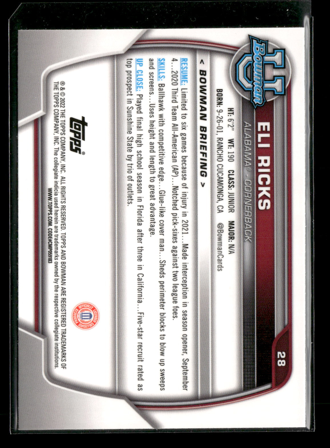 2022 Bowman Chrome University Football Eli Ricks #28 Pink Refractor